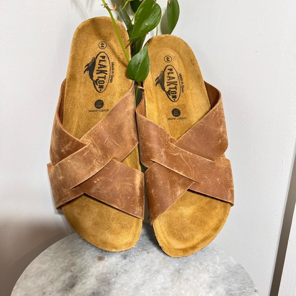 Plakton Brown Leather Cross Strap Cork Footbed Sandals EU 44